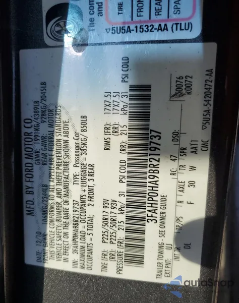 2011 Ford Fusion Se из США, поврежденный, VIN 3FAHP0HA9BR219737